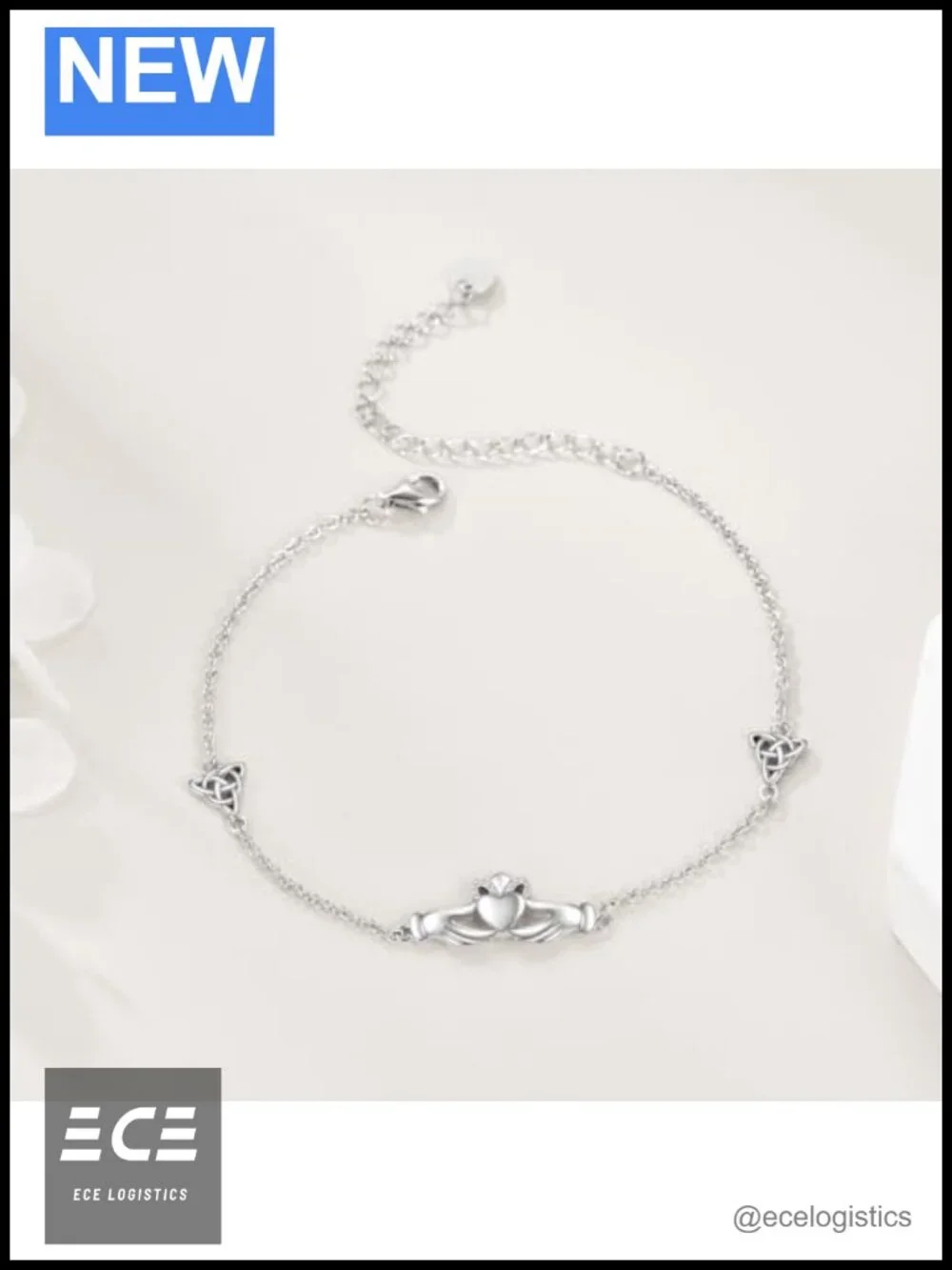 Sterling Silver Claddagh Link Bracelet Adjustable Charm Friendship Gift
